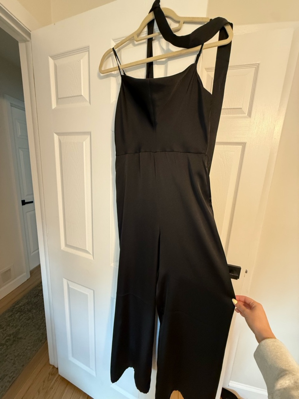 Express Black Satin Wide-Leg Jumpsuit with Spaghetti Straps